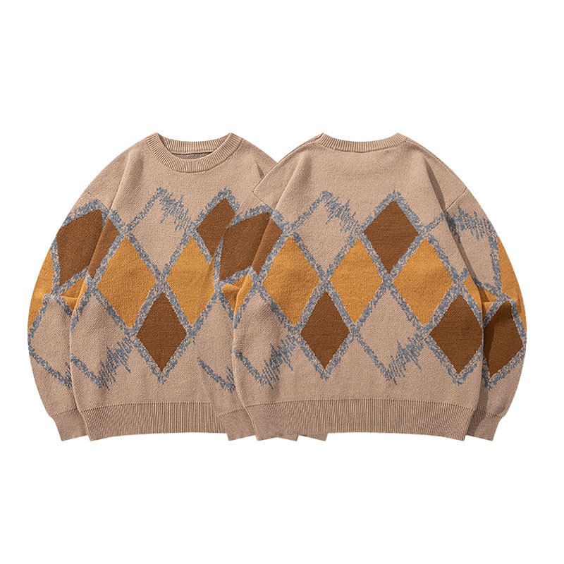 Men's Clothing Loose Fit Versatile Crew Neck Knit Sweater Stylish Diamond Jacquard Knit Sweater - Loose Fit Round Neck Pullover For Casual Wear_viptrois.com