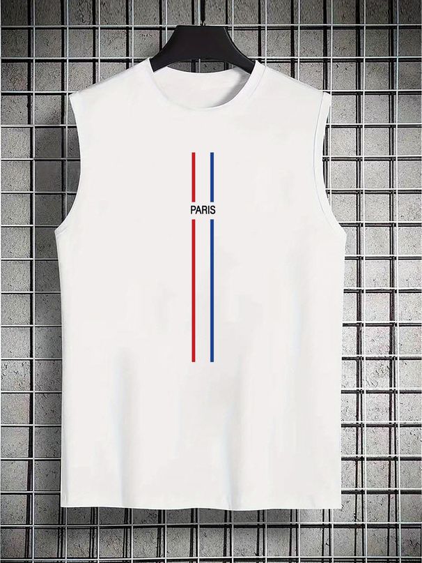 100% Pure Cotton Men's Summer Casual Sports Fitness Loose Paris Pattern Printed Breathable Round Neck Sleeveless Vest_viptrois.com