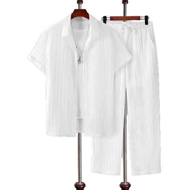 Men's Clothing Foreign Trade Men's Clothing White French Striped Short Sleeved Shirt Men's Casual Men's Button Down Suit Shirt Trousers_viptrois.com