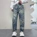 Men's Clothing Mosaic Print Design Jeans Retro Washed Loose Casual Straight Floor Length Wide Leg Trousers_viptrois.com