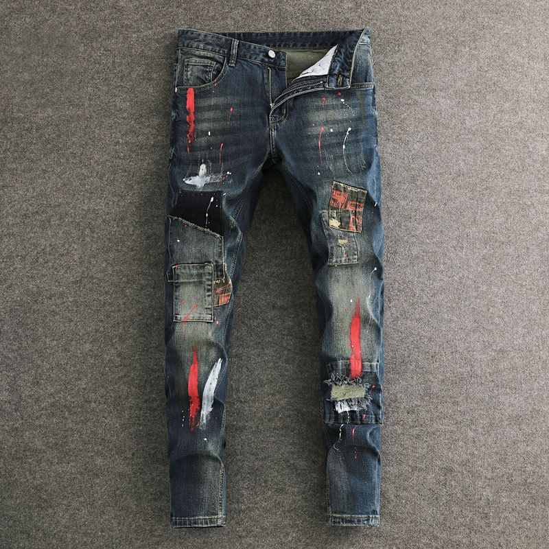 Men's Trendy Slim Fit Jeans Distressed Blue Wash Paint Finish Patchwork Design Slightly Stretchy_viptrois.com
