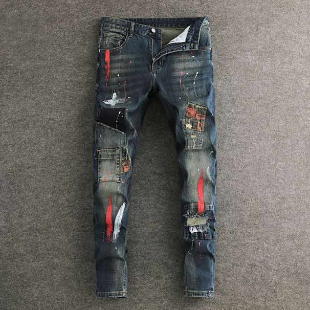 Men's Trendy Slim Fit Jeans Distressed Blue Wash Paint Finish Patchwork Design Slightly Stretchy_viptrois.com