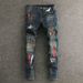 Men's Trendy Slim Fit Jeans Distressed Blue Wash Paint Finish Patchwork Design Slightly Stretchy_viptrois.com
