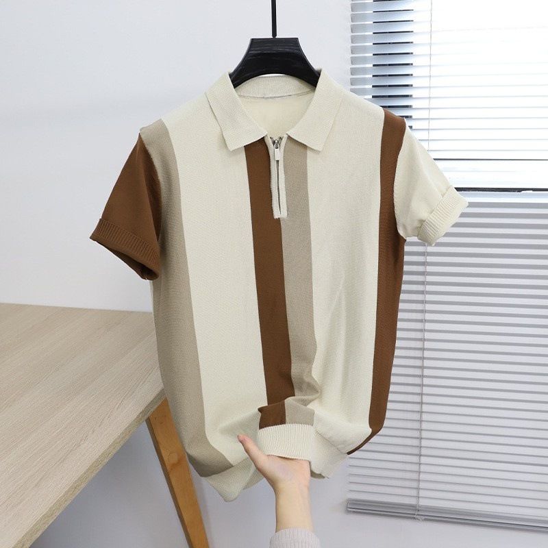 Men's Clothing Polo Shirt Short Sleeved T Shirt Fashion Lapel Stitching Contrast Color Knitted Sweater Casual Breathable T Shirt_viptrois.com