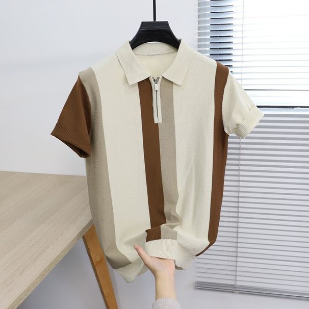 Men's Clothing Polo Shirt Short Sleeved T Shirt Fashion Lapel Stitching Contrast Color Knitted Sweater Casual Breathable T Shirt_viptrois.com