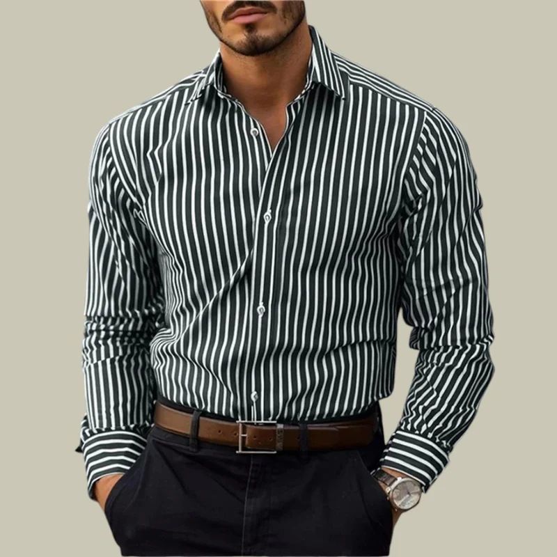 Men's Clothing Men's Fashion 3D Digital Print Long Sleeve Shirt - Stripe Pattern Breathable Polyester Casual Button Down Shirt For Everyday Wear_viptrois.com