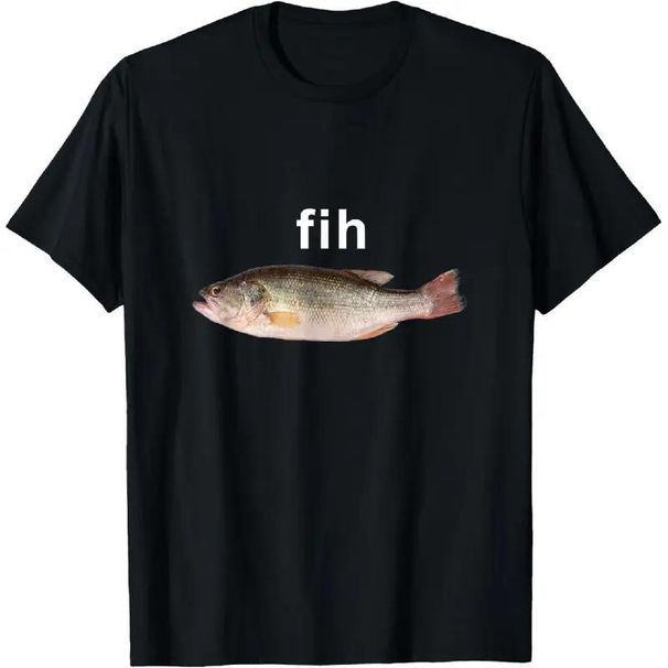 Camisetas Con Gráfico, Camiseta Casual Algodón – "Fih" Divertido Estampado Pez Mal Escrito De Manga Corta_viptrois.com