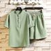 Men's Clothing Style Trend Sports Leisure Suit Solid Color Cotton And Linen Korean Version Stand Collar Short Sleeve T Shirt Two Piece Suit_viptrois.com