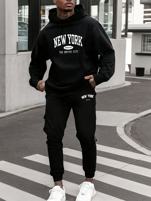 Men's Autumn And Winter Casual Fashion New York Letter Print Loose Plush Thick Hooded Sweatshirt+sweatpants Set_viptrois.com