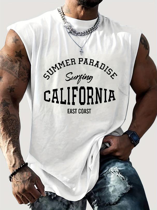 100% Pure Cotton Men's Summer Casual Sports Fitness Loose California Pattern Breathable Round Neck Sleeveless Vest_viptrois.com