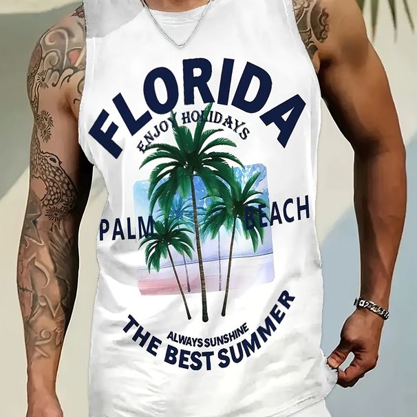 100% Pure Cotton Men's Summer Leisure Sports Fitness Loose Summer Beach Pattern Printed Breathable Round Neck Sleeveless Vest_viptrois.com