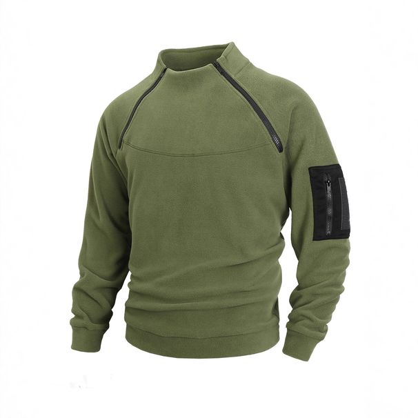 Men's Slim-Fit Fleece Pullover - Winter Stand Collar Long Sleeve Casual Top With Coral Fleece Lining (Black, Blue, Olive, Beige, Dark Gray)_viptrois.com