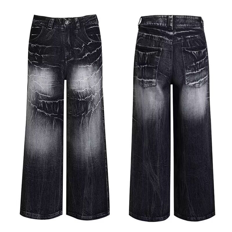 Unisex Distressed Tie-Dye Jeans – Oversized Wide-Leg Streetwear Pants With Lightning Wash & Retro Drop-Cuff Hem_viptrois.com