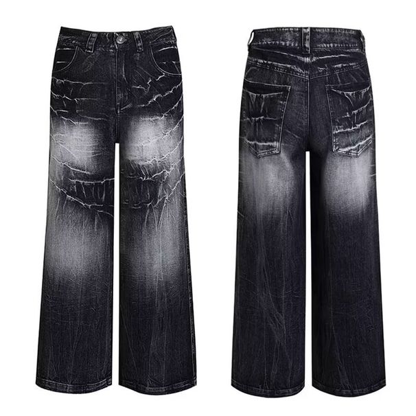 Unisex Distressed Tie-Dye Jeans – Oversized Wide-Leg Streetwear Pants With Lightning Wash & Retro Drop-Cuff Hem_viptrois.com