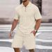 Men's Clothing Solid Jacquard Short Sleeve Shirt & Shorts Set - Breathable Casual Outfit For Business & Leisure (Blue/Khaki/Grey/Black/White, S-XXXL)_viptrois.com