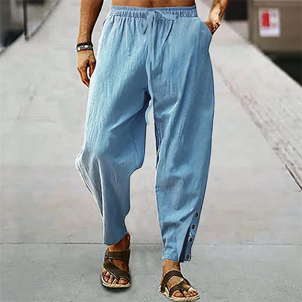 Men's Clothing Men's Cotton And Linen Button Drawstring Elastic Waist Solid Color Comfortable Breathable Trousers Beach Pants_viptrois.com