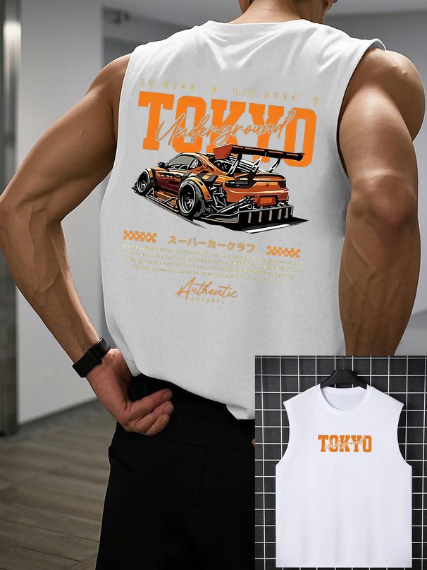 100% Pure Cotton Men's Summer Casual Sports Fitness Loose And Fashionable Tokyo Racing Pattern Printed Breathable Round Neck Sleeveless Vest_viptrois.com