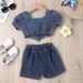 Baby Clothing Children's dress Girls' summer ribbed collar lantern sleeve top floral design multi-button denim suit_viptrois.com