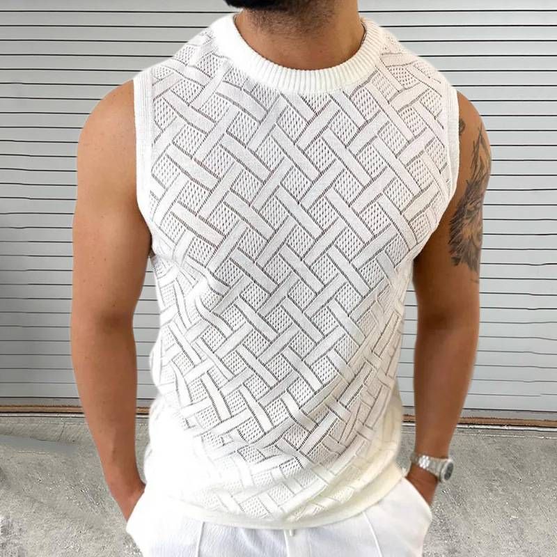 Men's Clothing Spring And Summer Knitted Sweater Men's Round Neck Sleeveless Hollow Top Outdoor Beach Large Size Men's Clothing_viptrois.com