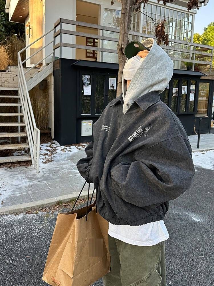 Men's Clothing Vintage Washed Distressed Print Zip-Up Jacket For Men & Women, Casual Oversized Collar Sportswear Coat, Breathable Cotton Blend, Blue_viptrois.com