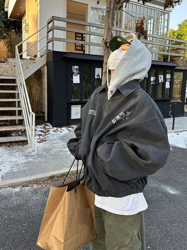 Men's Clothing Vintage Washed Distressed Print Zip-Up Jacket For Men & Women, Casual Oversized Collar Sportswear Coat, Breathable Cotton Blend, Blue_viptrois.com