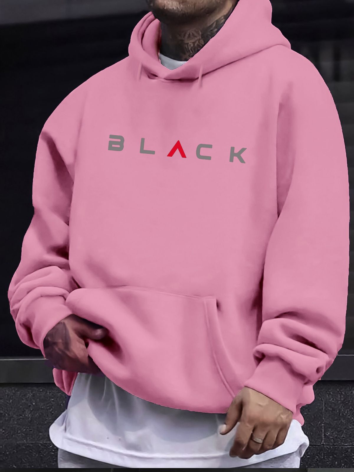 Men's Autumn And Winter Casual Fashionable Loose Hooded Sweatshirt BLACK Letter Pattern Printed Warm Long Sleeved Pullover_viptrois.com