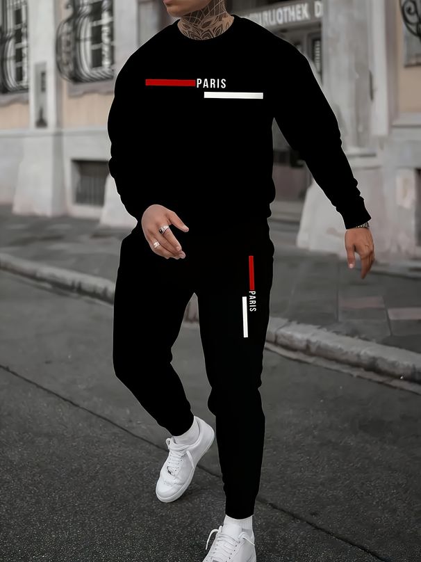 Men's Autumn And Winter Casual Warm Paris Letter Pattern Print Loose Thick Velvet Round Neck Sports Shirt+sports Pants Set_viptrois.com