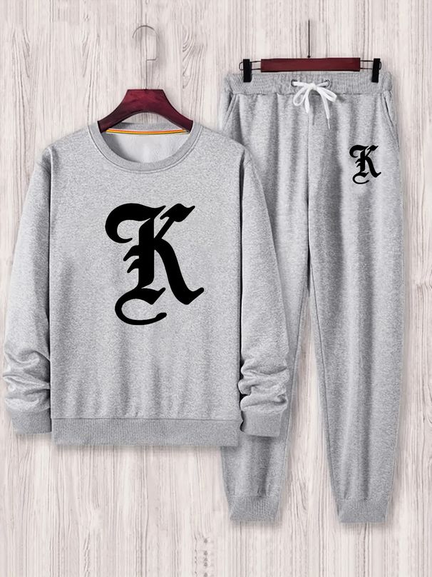 Men's Autumn And Winter Casual Warm Creative Letter Graphic Print Loose Thick Velvet Round Neck Sports Shirt+sports Pants Set_viptrois.com