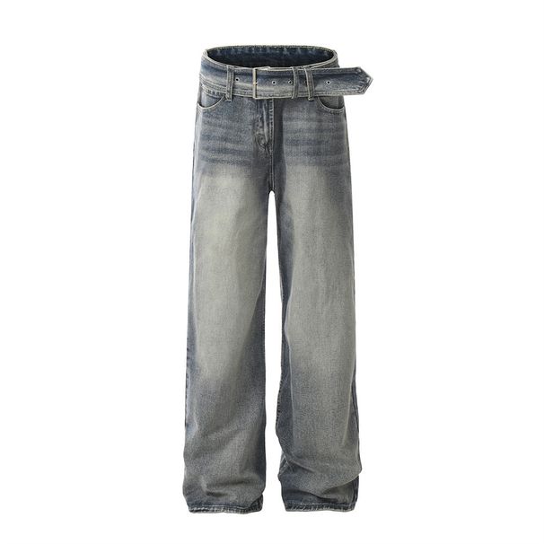Waistband Design Jeans American Style Men's Loose Straight Pants Trendy Brand Washed Faded Wide-Leg Trousers_viptrois.com