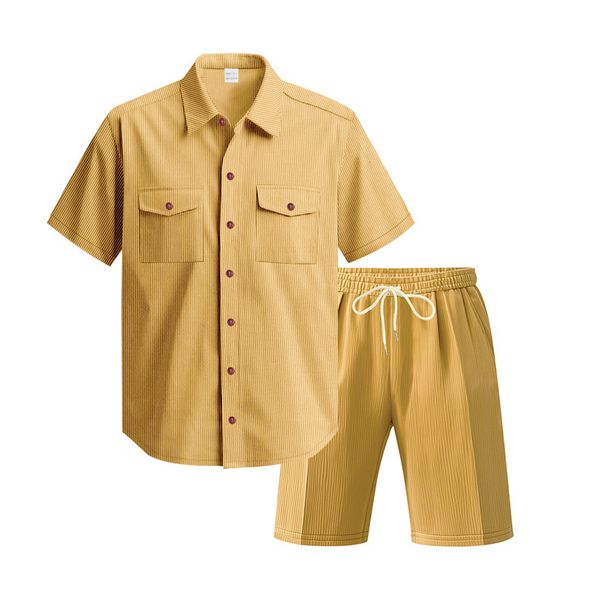 Men's Clothing Men's Suit New Corduroy Shirt Shorts Two Piece Suit Leisure Trend_viptrois.com