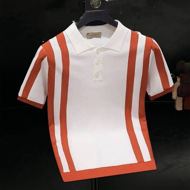 Men's Clothing Summer New High End Cool Silk Striped Short Sleeved Polo Shirt Men's Trendy Slim Casual Half Sleeved T Shirt_viptrois.com