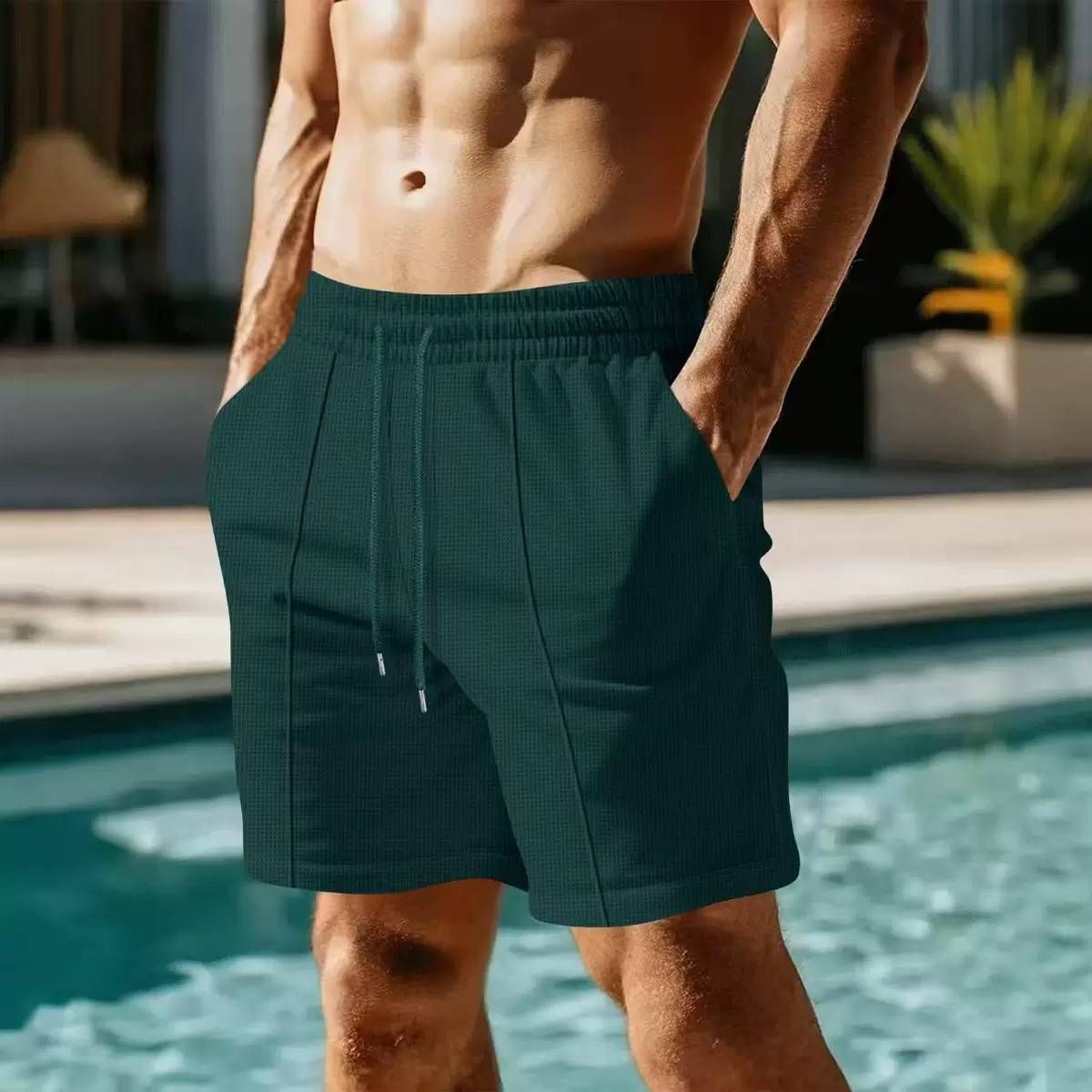 2025 New Style Men's Sports Loose Casual Drawstring Waffle Knitted Shorts Beach Pants_viptrois.com