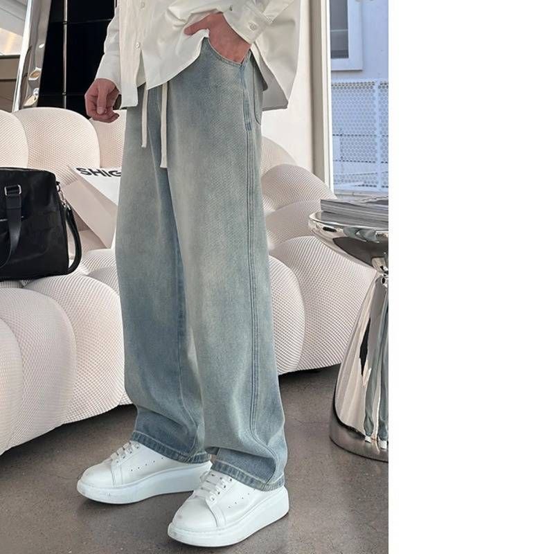Men's Classic Washed Straight-Leg Jeans - Relaxed Fit, Light Blue Denim For Casual Wear (Available In Plus Sizes)_viptrois.com