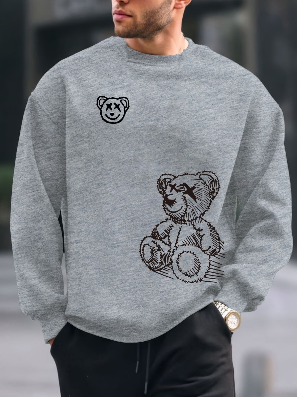 Men's Loose Casual Fashionable Cartoon Bear Print Round Neck Long Sleeved Sweatshirt For Autumn And Winter_viptrois.com
