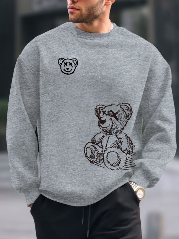 Men's Loose Casual Fashionable Cartoon Bear Print Round Neck Long Sleeved Sweatshirt For Autumn And Winter_viptrois.com
