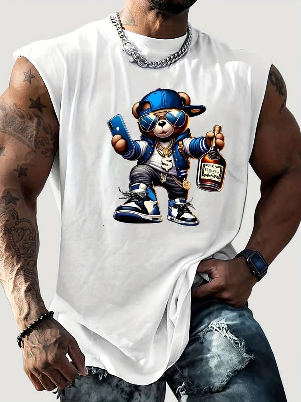 100% Pure Cotton Men's Summer Casual Sports Fitness Loose Bear Pattern Printed Breathable Round Neck Sleeveless Vest_viptrois.com