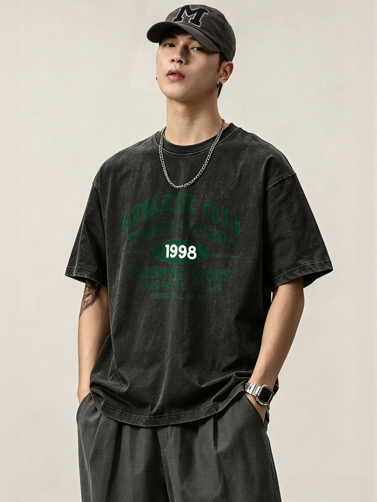 230g Washed Men Casual Tee ATHLETIC CLUB 1998 Vintage Letter Print Short Sleeve Loose Daily Streetwear T-Shirt_viptrois.com