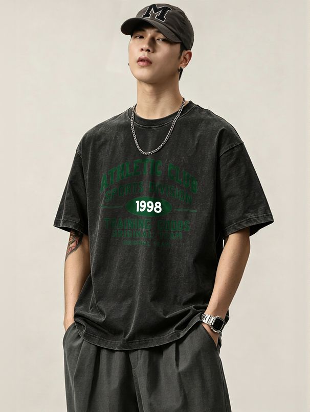 230g Washed Men Casual Tee ATHLETIC CLUB 1998 Vintage Letter Print Short Sleeve Loose Daily Streetwear T-Shirt_viptrois.com