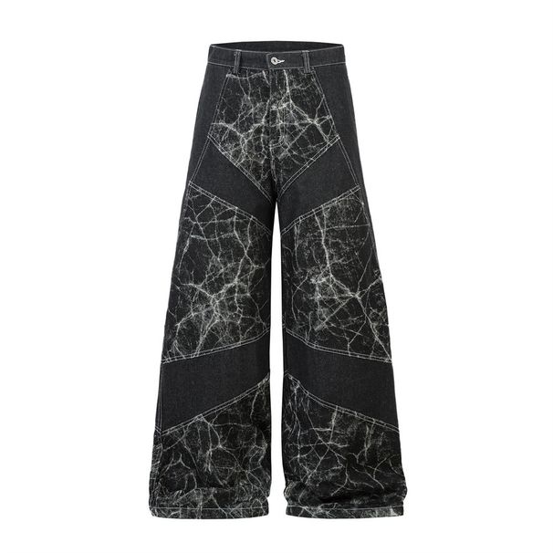 Unique Men's Design Denim With Lightning Crack Heavy-duty Distressed Washed Deconstructed Cut Patchwork Wide-leg Pants_viptrois.com