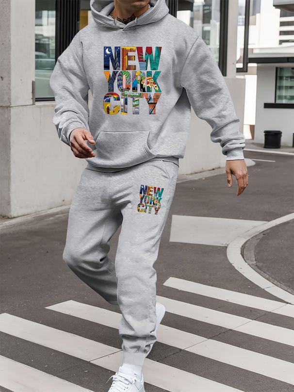Men's Autumn And Winter Casual Fashion New York Pattern Print Loose Suede Thick Hooded Sweatshirt+sports Pants Set_viptrois.com