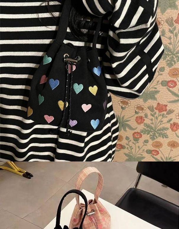 Women's Bucket Bag Embroidered Love Draw With Pink Tote Shoulder Crossbody Mini Bucket Bag For Women_viptrois.com