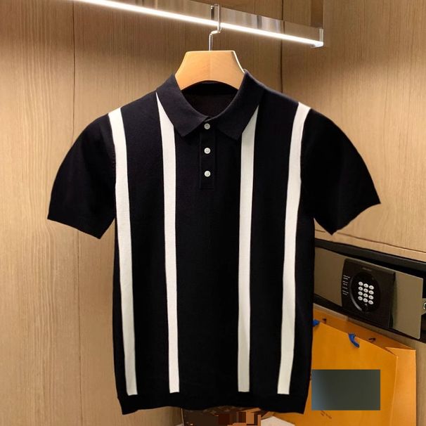 British Business Men's Slim Fit Men's T Shirt Short Sleeve Summer New Color Matching Striped Lapel Polo Shirt Men_viptrois.com