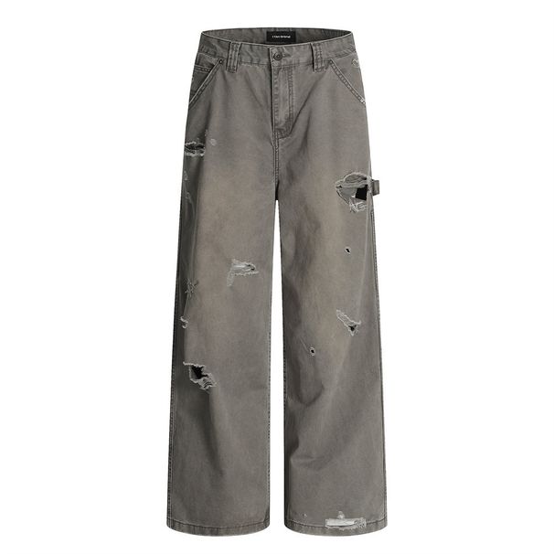 Post-apocalyptic Style Beggar Ripped Jeans Men's Street Fashion Niche Heavy-duty Washed Destroyed Straight Loose_viptrois.com