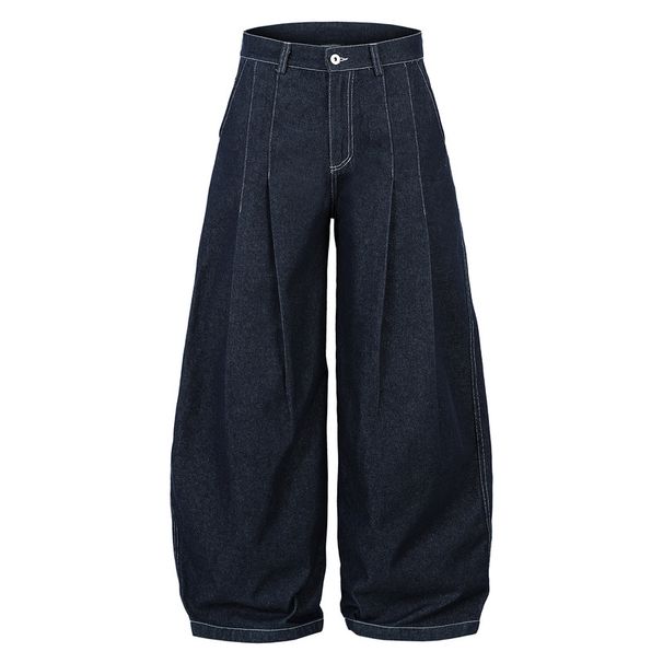 Men's Clothing Scimitar Pants Men's High Waist Loose Wide Leg Pants Spring And Autumn New Blue Pleated Ins Straight Jeans_viptrois.com