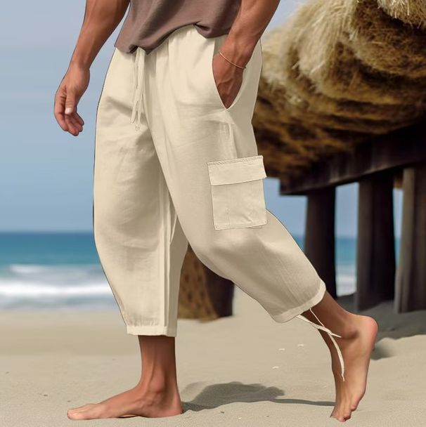 Men's Linen-Cotton Relaxed Fit Beach Pants - Wide Leg Casual Trousers With Pockets_viptrois.com