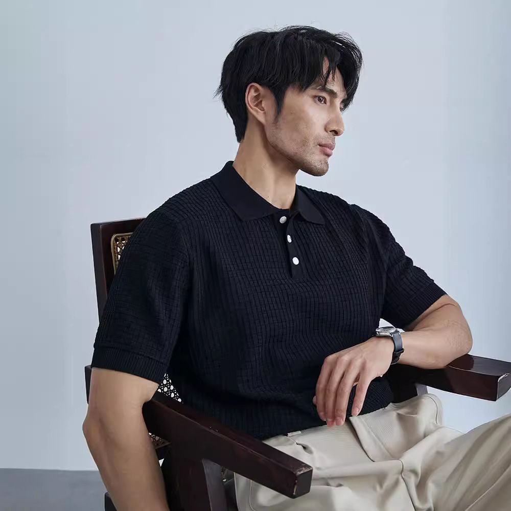 Men's Clothing Waffle Ice Silk Polo Shirt Black Men's Elastic Free Ironing Casual Business Design Lapel Knit Sweater Short Sleeves_viptrois.com