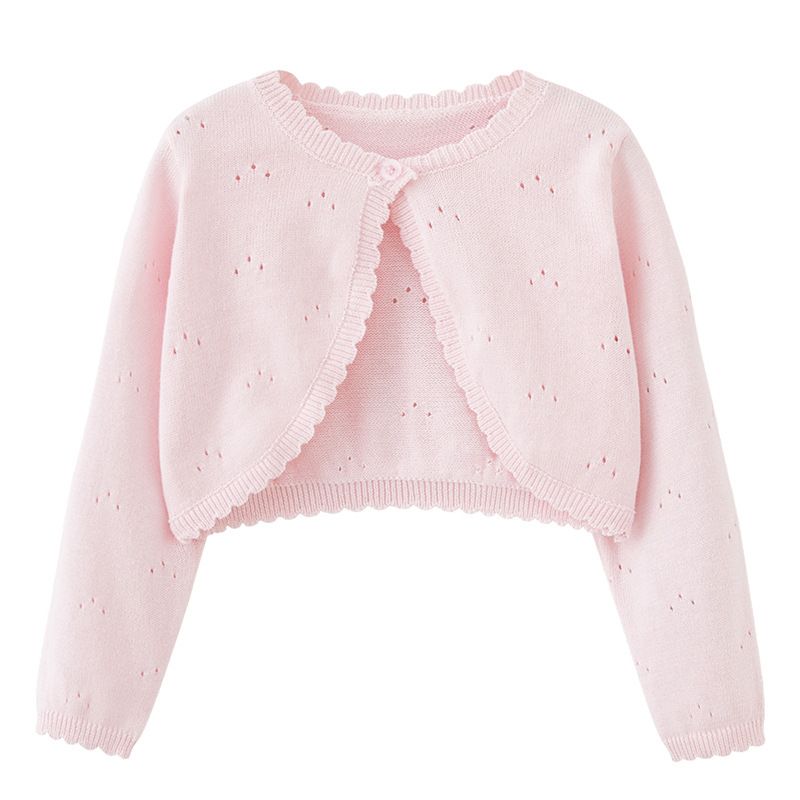 Breathable Baby Girls' Knit Cardigan – Lightweight Long-Sleeve Cotton Openwork Top For Spring & Summer (5-13 Size, Pink/White, Cotton, A-Class Safety)_viptrois.com