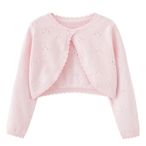 Breathable Baby Girls' Knit Cardigan – Lightweight Long-Sleeve Cotton Openwork Top For Spring & Summer (5-13 Size, Pink/White, Cotton, A-Class Safety)_viptrois.com