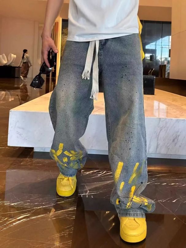 Men's Clothing Jeans Hand Painted Inkjet Printing Fashionable All Match Washed Distressed Straight Pants_viptrois.com