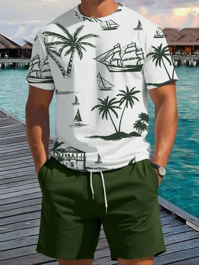 Men's Clothing Short Sleeved Shorts Fashion Casual Men's Short Sleeve T-Shirt & Shorts Set - Tropical Palm Tree Print Beach Vacation Outfit For Summer_viptrois.com